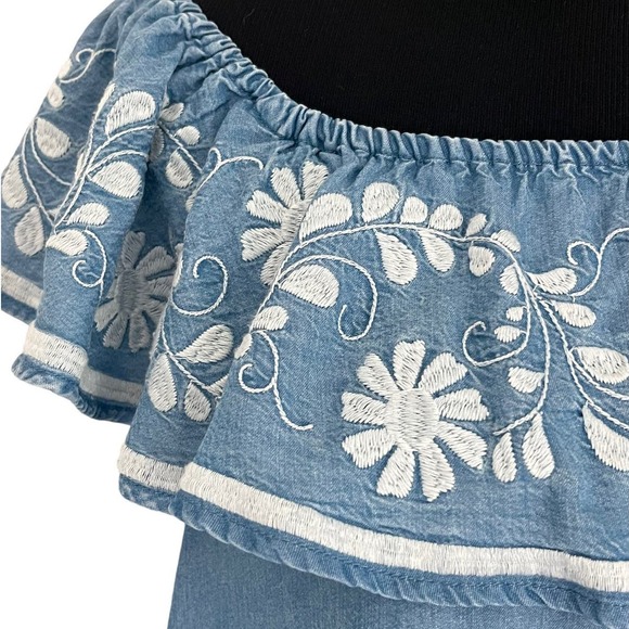 Rebecca Minkoff Dev Dress Size Small Off Shoulder Ruffle Chambray Embroidered - Picture 4 of 8